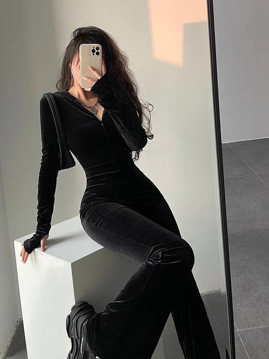 TAMBREET 2024 Hot Tops Fashion Black Velvet Slim Hooded Zipper Long Sleeve Flare Pants Jumpsuit Rompers Korean Sexy