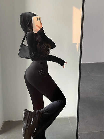 TAMBREET 2024 Hot Tops Fashion Black Velvet Slim Hooded Zipper Long Sleeve Flare Pants Jumpsuit Rompers Korean Sexy