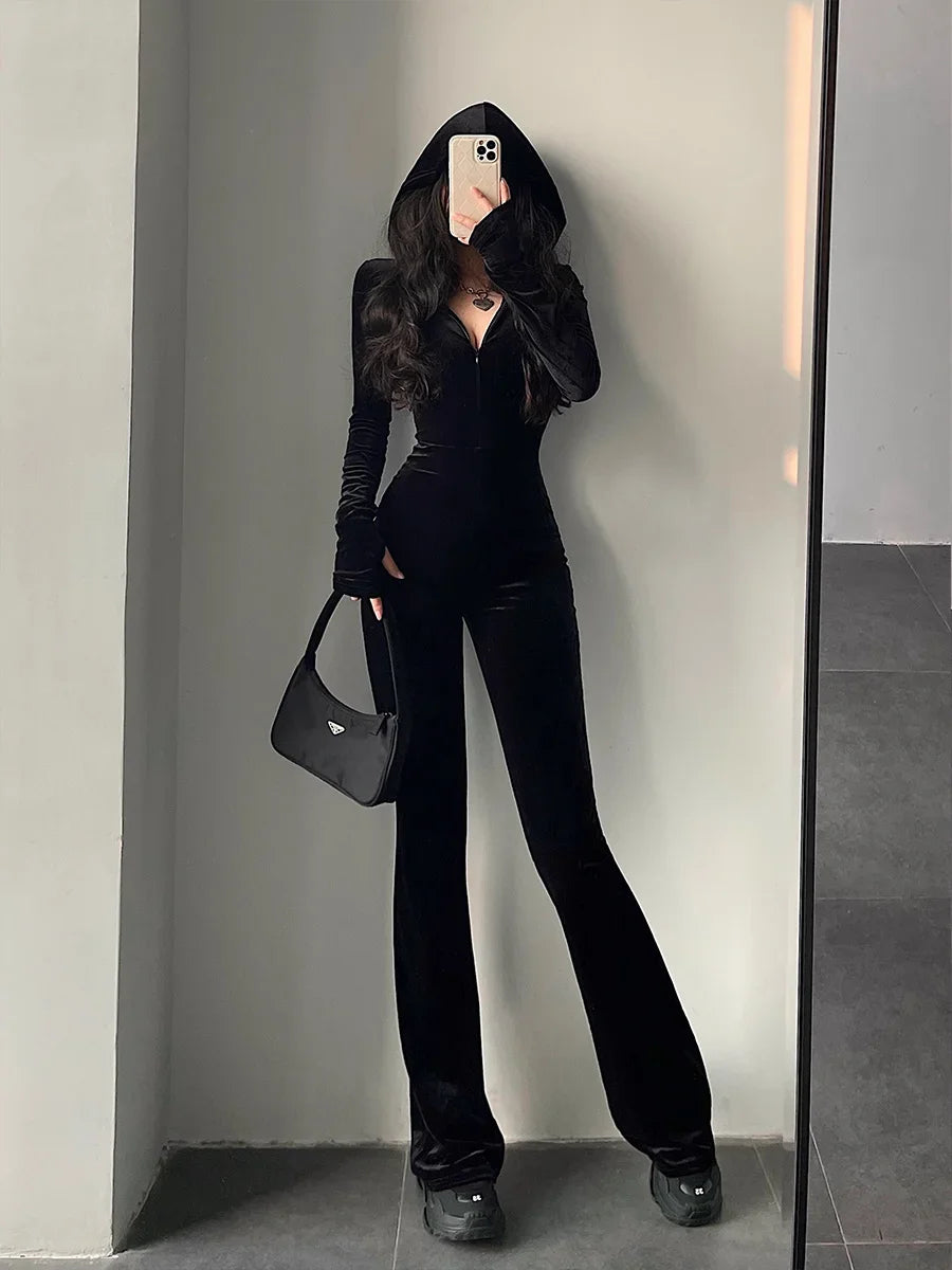 TAMBREET 2024 Hot Tops Fashion Black Velvet Slim Hooded Zipper Long Sleeve Flare Pants Jumpsuit Rompers Korean Sexy