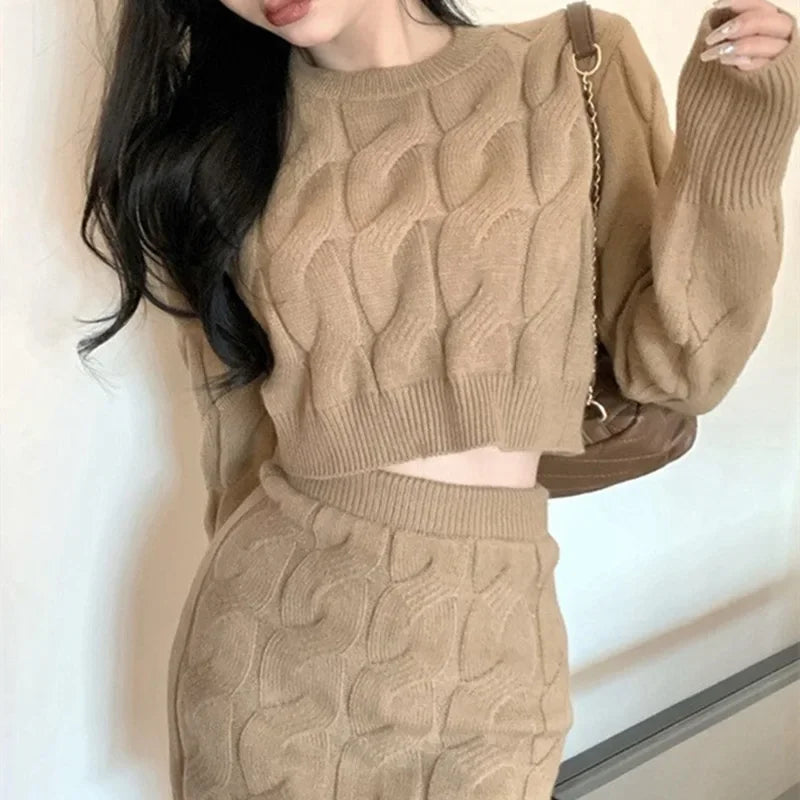 TAMBREET 2024 Idle Style Women's Mini Dress Set Cable Knit Sweater Long Sleeve High-waisted Hip Covering Smooth Silhouette