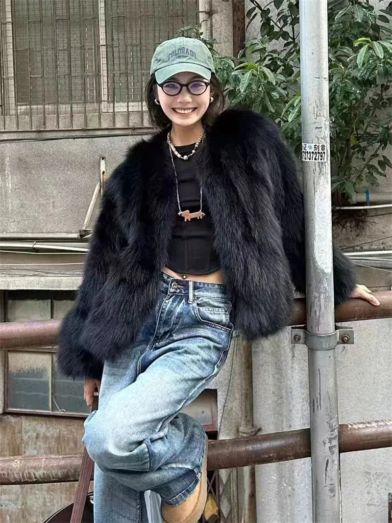 TAMBREET 2024 Imitation Fox Fur Eco Friendly Fur Coat Cardigan Women's Winter New Black Short Style Slim and Fashionable Young Fur Coat