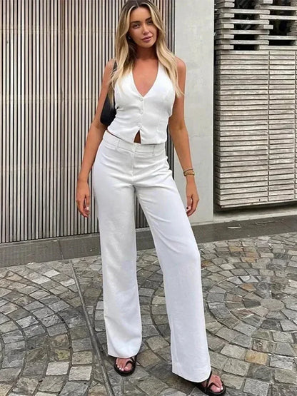 TAMBREET 2024 Lady Elegant Fashion for Women Vest Top Pants 2 Piece Set Halter Backless Single Breasted Tops Wide Leg Pant Office Outfit