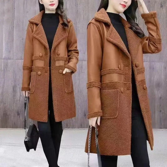 TAMBREET 2024 Large Size Jacket Women's New Two-Sided Fur Coat Autumn Winter Lambswool Outerwear Long Padded Overcoat Ladies Leather Tops