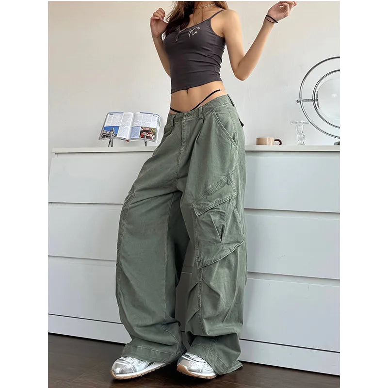 TAMBREET 2024 NEW Green Jeans for Women High Quality High Waist American Wide Leg Pants Solid Y2K Vintage Straight Summer Trousers