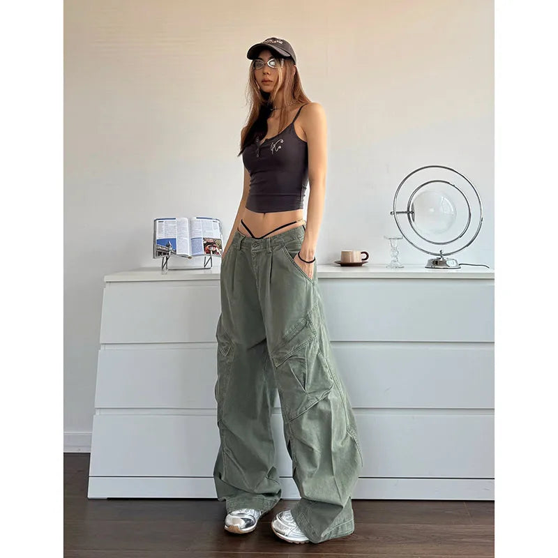 TAMBREET 2024 NEW Green Jeans for Women High Quality High Waist American Wide Leg Pants Solid Y2K Vintage Straight Summer Trousers