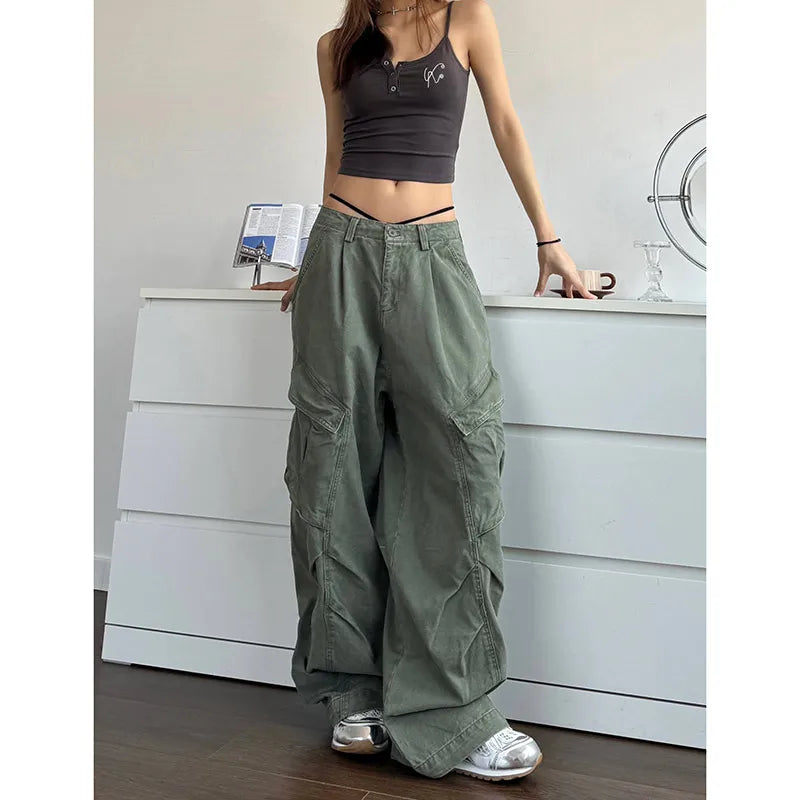 TAMBREET 2024 NEW Green Jeans for Women High Quality High Waist American Wide Leg Pants Solid Y2K Vintage Straight Summer Trousers