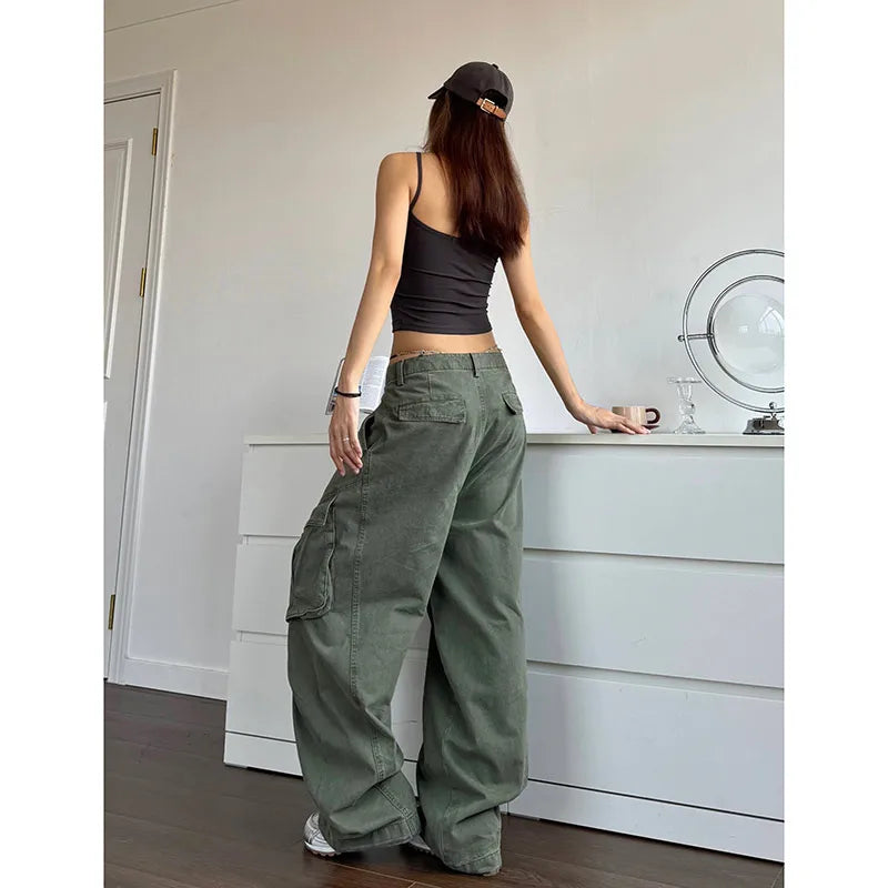 TAMBREET 2024 NEW Green Jeans for Women High Quality High Waist American Wide Leg Pants Solid Y2K Vintage Straight Summer Trousers