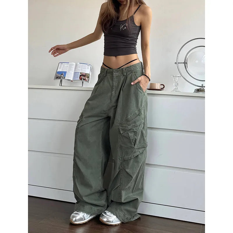 TAMBREET 2024 NEW Green Jeans for Women High Quality High Waist American Wide Leg Pants Solid Y2K Vintage Straight Summer Trousers