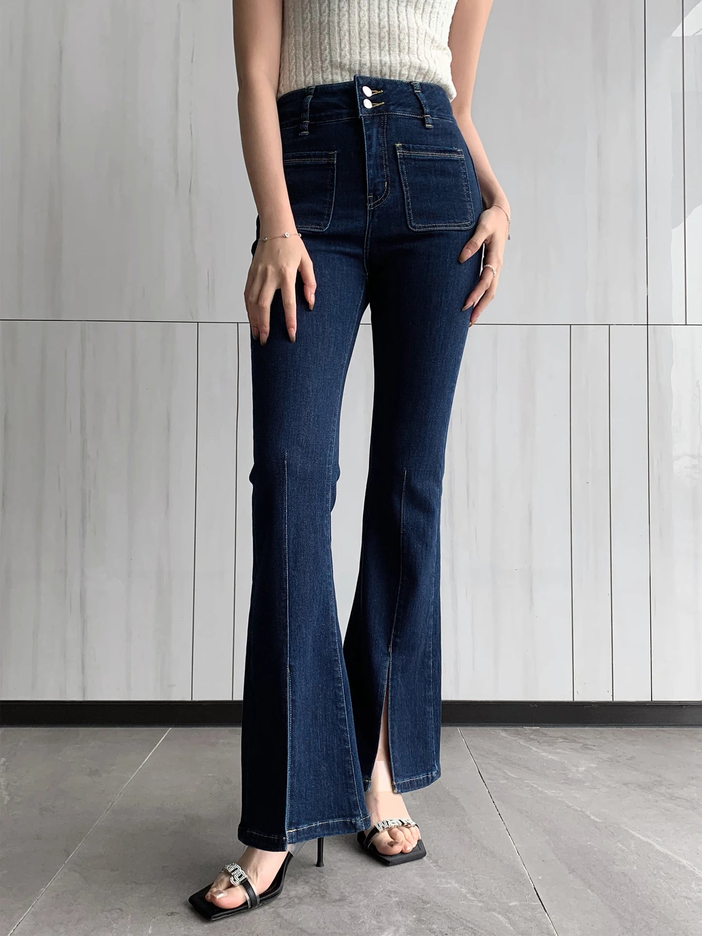 TAMBREET 2024 NEW HIGH WAISTED VINTAGE DARK BLUE JEANS FOR WOMEN CASUAL HIGH STRETCH SPLIT DESIGH SLIM FLARE PANTS - FORGUNROSES