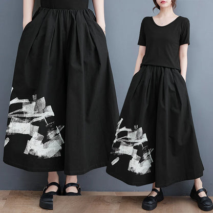 TAMBREET 2024 New Arrival Japan Yamamoto Dark Style Black Summer Wide Leg Pants Print Fashion Women High Waist Casual Pants Culotte