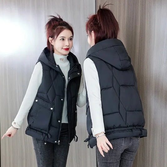 TAMBREET 2024 New Autumn Winter Warm Waistcoat Ladies Sleeveless Hooded Down Cotton Coats Women Outerwear Casual Puffer Vest Jacket