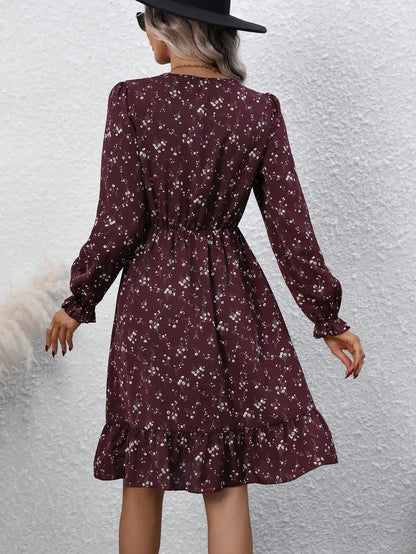 TAMBREET 2024 New Design Women's Dress Small V-neck Knee Length Dress Lace Long Sleeves Small Fresh Countryside Style