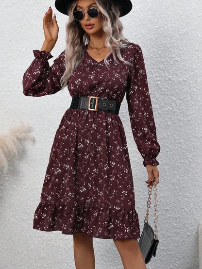 TAMBREET 2024 New Design Women's Dress Small V-neck Knee Length Dress Lace Long Sleeves Small Fresh Countryside Style