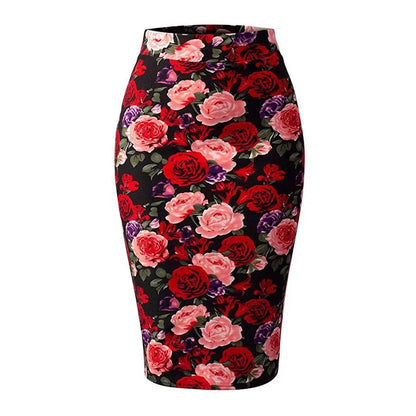 TAMBREET 2024 New European Red Rose Flower Print Summer Women Pencil Skirts Lady Midi Saias Female Black Faldas Girls Slim Bottoms S-2XL