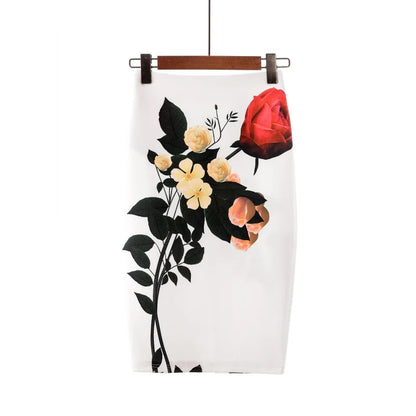 TAMBREET 2024 New European Red Rose Flower Print Summer Women Pencil Skirts Lady Midi Saias Female Black Faldas Girls Slim Bottoms S-2XL