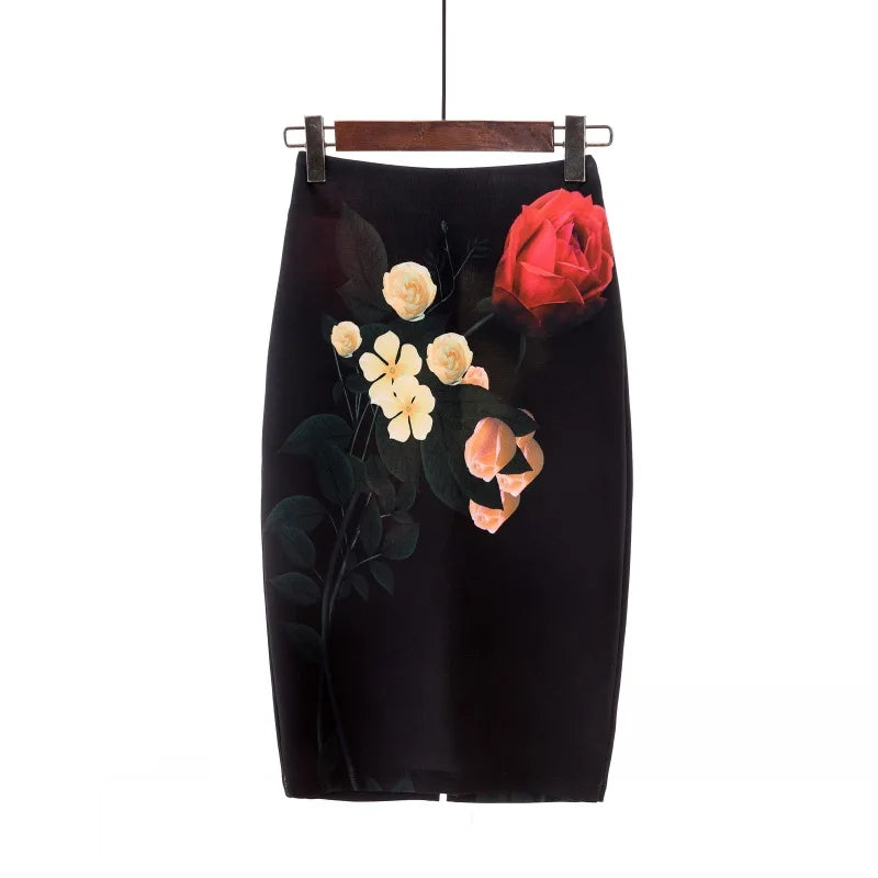 TAMBREET 2024 New European Red Rose Flower Print Summer Women Pencil Skirts Lady Midi Saias Female Black Faldas Girls Slim Bottoms S-2XL