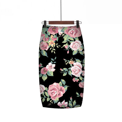 TAMBREET 2024 New European Red Rose Flower Print Summer Women Pencil Skirts Lady Midi Saias Female Black Faldas Girls Slim Bottoms S-2XL