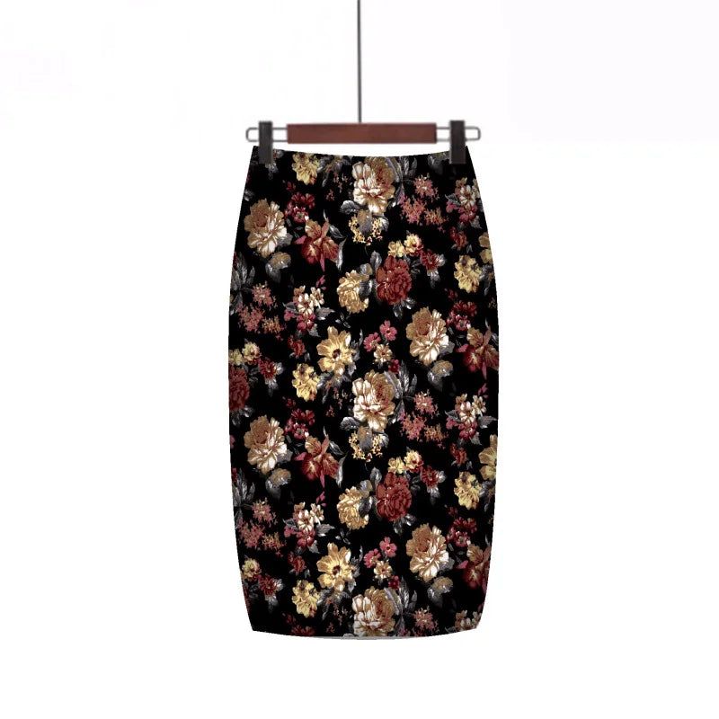 TAMBREET 2024 New European Red Rose Flower Print Summer Women Pencil Skirts Lady Midi Saias Female Black Faldas Girls Slim Bottoms S-2XL