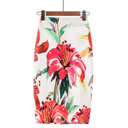 TAMBREET 2024 New European Red Rose Flower Print Summer Women Pencil Skirts Lady Midi Saias Female Black Faldas Girls Slim Bottoms S-2XL