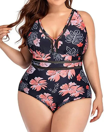 TAMBREET 2024 New European and American Cross-border One-piece Swimsuit Women's Splicing Cutout Print Swimsuit V-Neck Plus Size Bikini