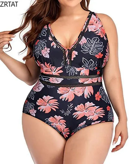 TAMBREET 2024 New European and American Cross-border One-piece Swimsuit Women's Splicing Cutout Print Swimsuit V-Neck Plus Size Bikini