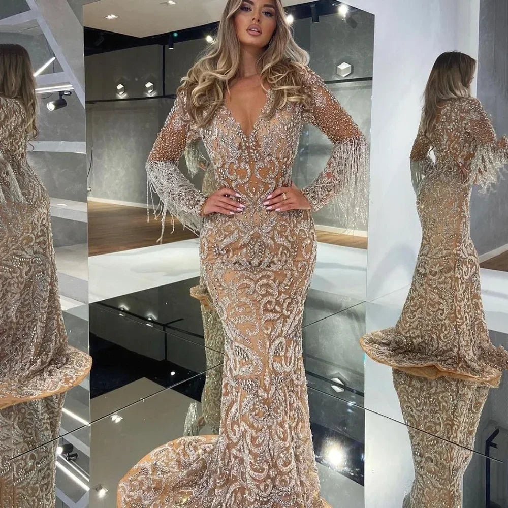 TAMBREET 2024 New European and American Evening Dress Female Fishtail Sprinkled Gold Tassel Elegant Sexy Dress Slim Bag Hip Long Skirt