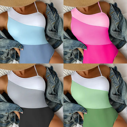 TAMBREET 2024 New European and American One-shoulder Color-blocking High-waisted One-piece Bikini Swimwear Women Swimsuit