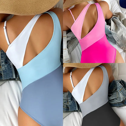 TAMBREET 2024 New European and American One-shoulder Color-blocking High-waisted One-piece Bikini Swimwear Women Swimsuit