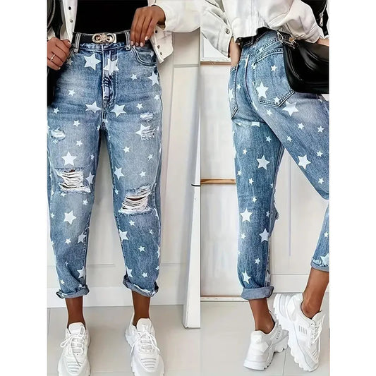 TAMBREET 2024 New European and American Slim Fit Star Pattern Jeans