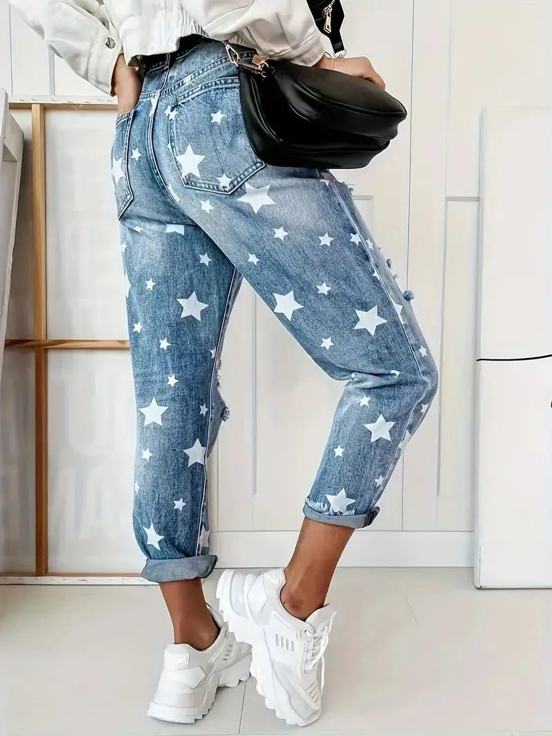 TAMBREET 2024 New European and American Slim Fit Star Pattern Jeans