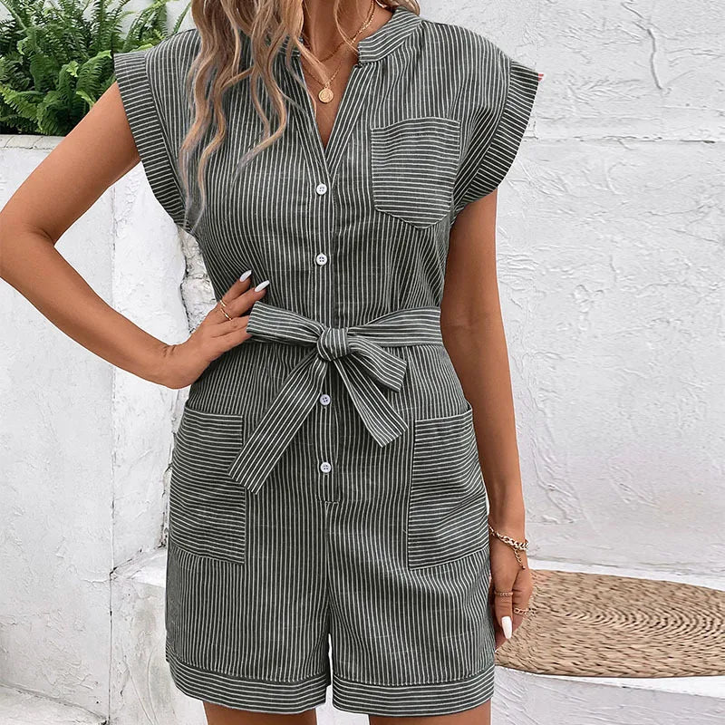 TAMBREET 2024 New European and American Summer Women's Cross border Fine Stripe Short Sleeve jumpsuit shorts