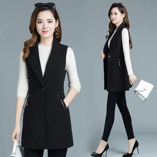 TAMBREET 2024 New Spring Autumn Coat Casual Long Blazer Vest Women Sleeveless Jacket Elegant Office Lady Waistcoat Female Outwear M-4XL