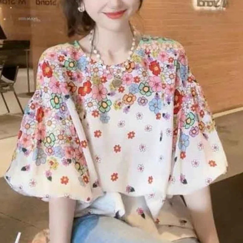 TAMBREET 2024 New Summer Commuting Young Style Sweet and Fashionable Chiffon Lantern Sleep Loose Round Neck Printed Women's T-shirt Top