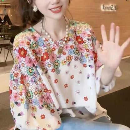 TAMBREET 2024 New Summer Commuting Young Style Sweet and Fashionable Chiffon Lantern Sleep Loose Round Neck Printed Women's T-shirt Top