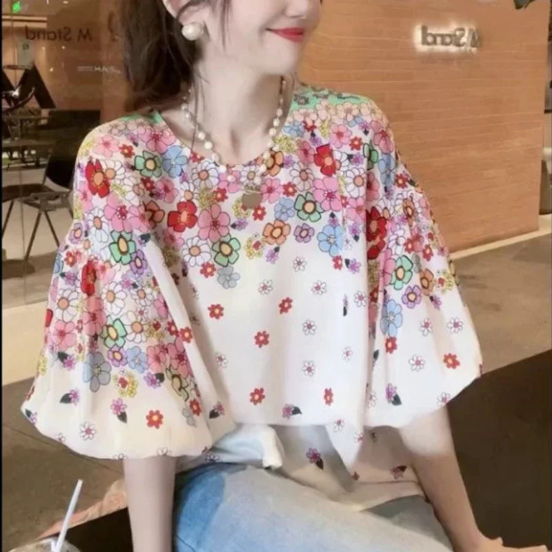 TAMBREET 2024 New Summer Commuting Young Style Sweet and Fashionable Chiffon Lantern Sleep Loose Round Neck Printed Women's T-shirt Top