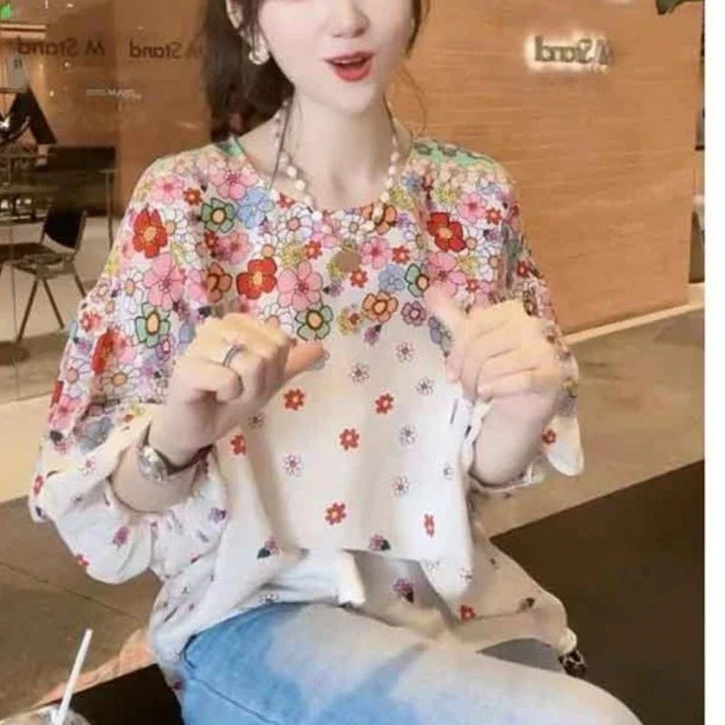 TAMBREET 2024 New Summer Commuting Young Style Sweet and Fashionable Chiffon Lantern Sleep Loose Round Neck Printed Women's T-shirt Top