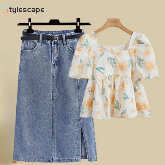 TAMBREET  2024 New Summer Outfit Women's Short Sleeved Top, Women's Body Covering and Slimming Denim Skirt Two Piece Set for Woman