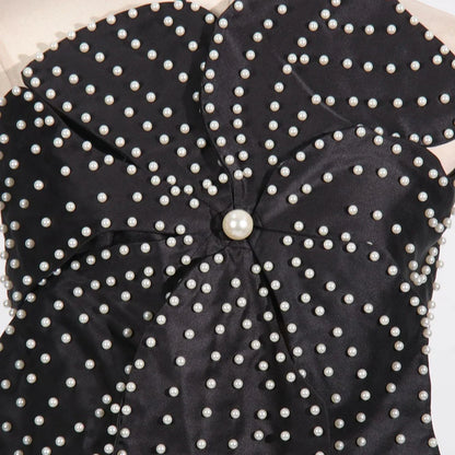 TAMBREET 2024 New Summer Women's Black and White Handmade Beaded Flower Sexy Short Hanging Neck Strap Top