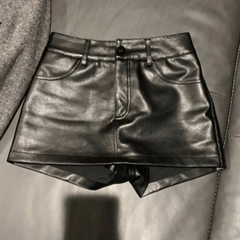 TAMBREET 2024 New Women Sexy Slim Pu Leather Shorts Black Shorts Skirts