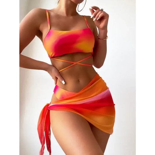 TAMBREET 2024 New Women Tie Dyed Split Bikini Sexy Hip Lifting Mesh Gradient Beach Three Piece Set Cross Swimwear Girl