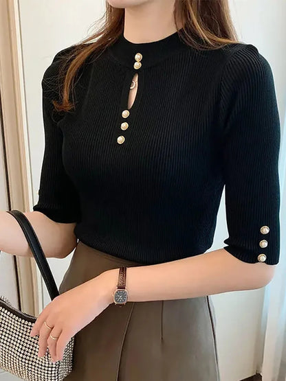 TAMBREET 2024 Spring Autumn Korean Fashion Solid Sweater Women Short Sleeve Tops Pull Femme Casual Slim Female Pullover Knitted Clothes