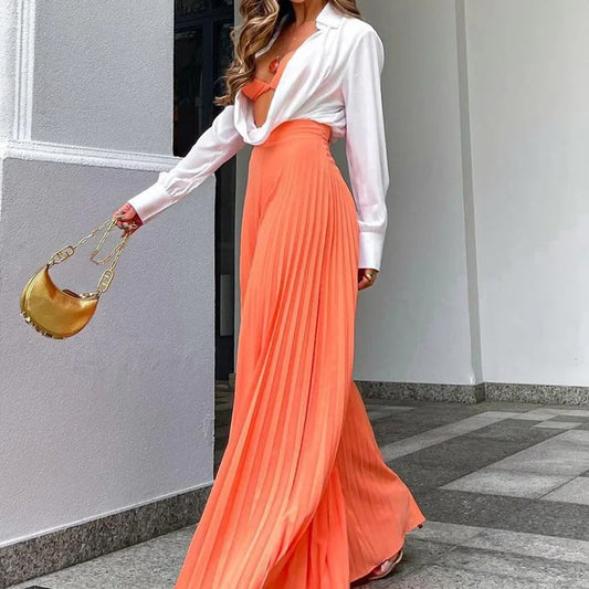 TAMBREET 2024 Spring Autumn Women's Clothing Solid Color Fashion Elegant Pleated High Waist Long Wide-Leg Pants Temperament And Fashion