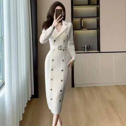 TAMBREET 2024 Spring New French Elegant  Knitted Midi Dress Women Fashion Lapel Long Sleeve Belt TwoBreasted Stretch Party Dress Female