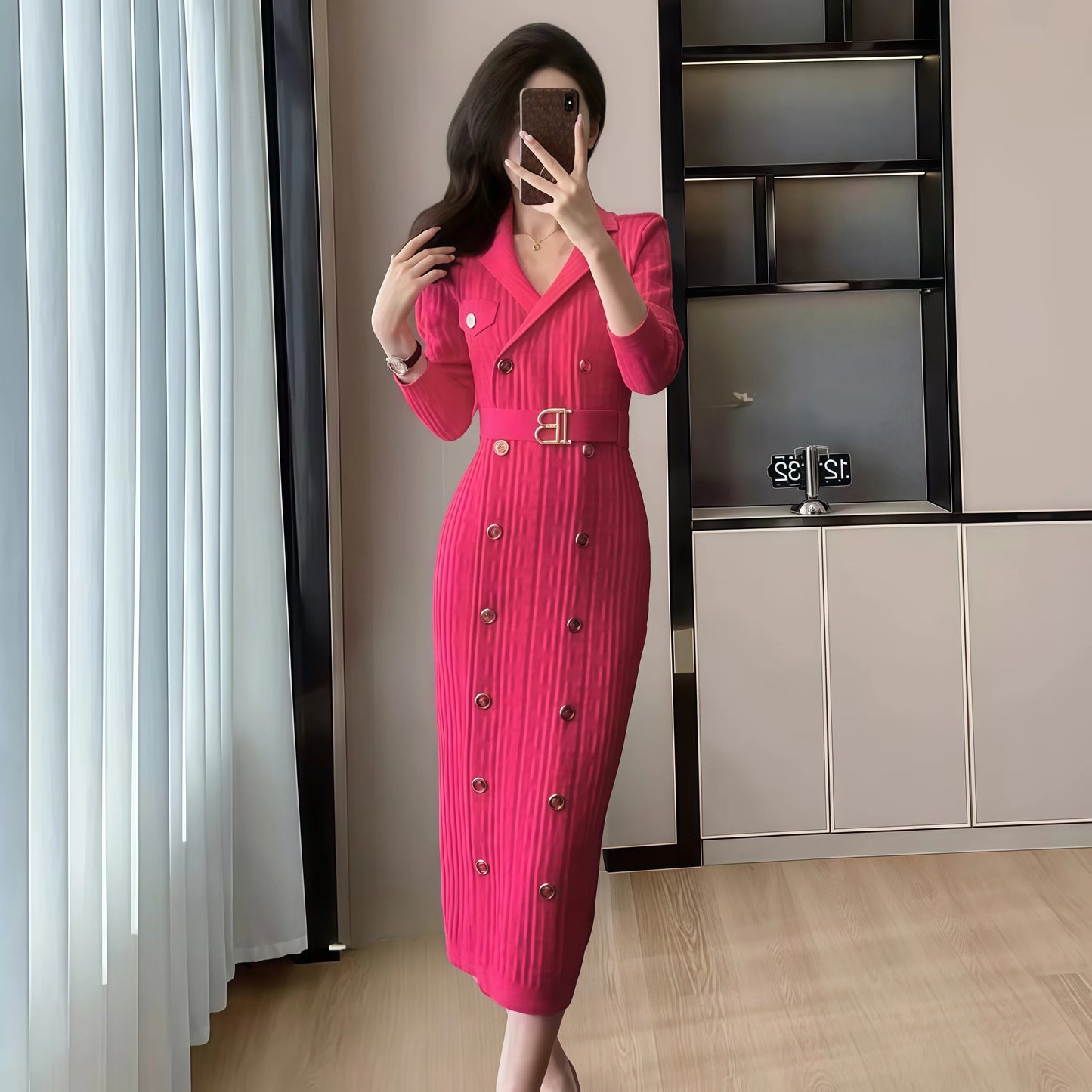 TAMBREET 2024 Spring New French Elegant  Knitted Midi Dress Women Fashion Lapel Long Sleeve Belt TwoBreasted Stretch Party Dress Female