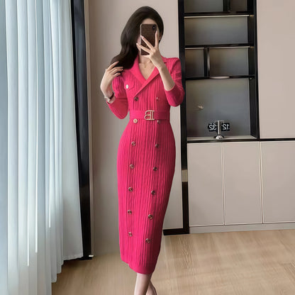 TAMBREET 2024 Spring New French Elegant  Knitted Midi Dress Women Fashion Lapel Long Sleeve Belt TwoBreasted Stretch Party Dress Female