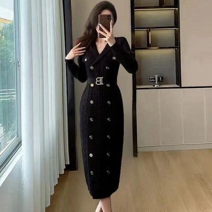 TAMBREET 2024 Spring New French Elegant  Knitted Midi Dress Women Fashion Lapel Long Sleeve Belt TwoBreasted Stretch Party Dress Female