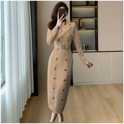 TAMBREET 2024 Spring New French Elegant  Knitted Midi Dress Women Fashion Lapel Long Sleeve Belt TwoBreasted Stretch Party Dress Female