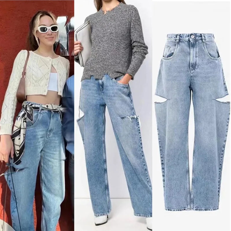 TAMBREET 2024 Spring New Retro High Waist Jeans for Women's Casual Straight leg Jeans Korean Edition distressed loose and versatile jeans