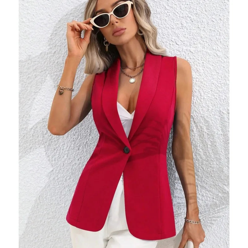 TAMBREET 2024 Spring/Summer New V-NECKCollar Black White Suit Blazer Vest Jacket Women Style Commuter Sleeveless OL Cardigan Tank Coat