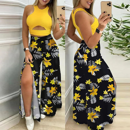 TAMBREET 2024 Spring Summer Sleeveless Vest Suit Set Women Slim Tight Hollow T-shirt+Wide Leg Split Pants Outfits Casual Loose Two Pieces